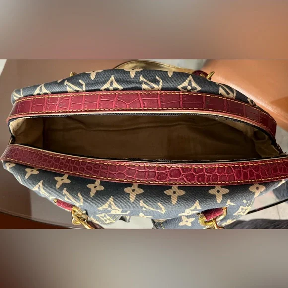 Iconic Monogram sturdy denim Canvas Shoulder Bag - Navy-Red-White gold hardware - Picture 6 of 16